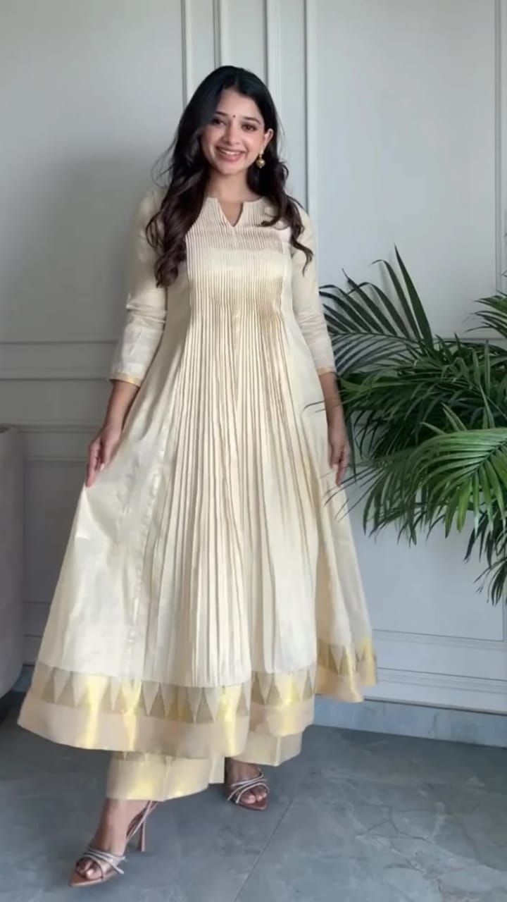 Classic Cream Georgette/Silk Anarkali with Geometric Zari Border