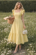 Soft Yellow Flutter-Sleeve A-Line Midi Dress