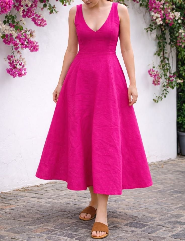 Electric Pink Fitted-Bodice Midi Dress