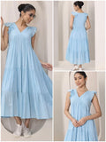 Pastel Blue V-Neck Gathered Tiered Dress