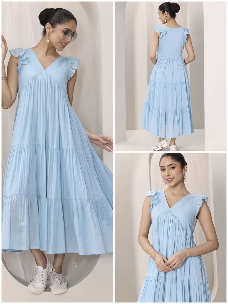 Pastel Blue V-Neck Gathered Tiered Dress