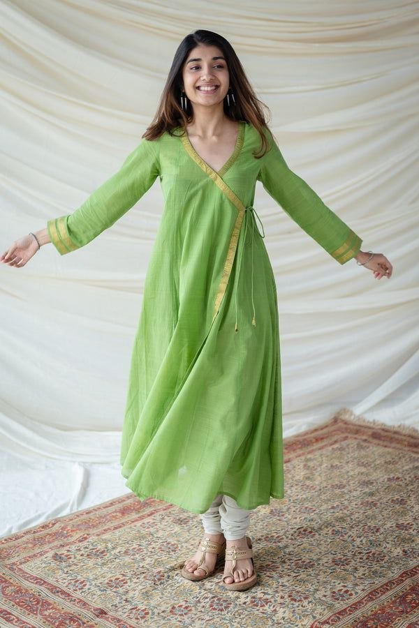 Festive Green & Gold Bordered Flared Angrakha Kurta