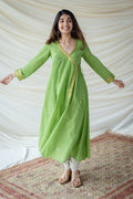 Festive Green & Gold Bordered Flared Angrakha Kurta