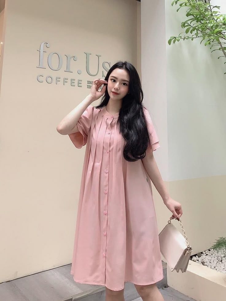 Blush Pink Front-Pleated Button-Down Dress