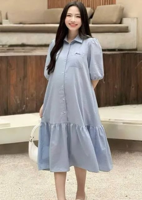 Powder Blue Collared Tiered Shirt Dress