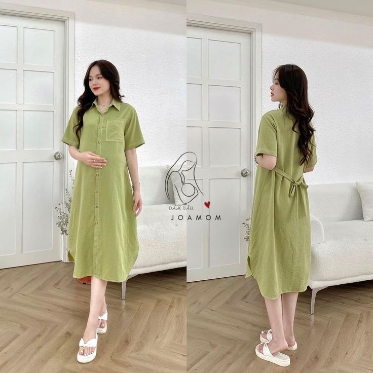 Sage Green Short-Sleeve Linen-Blend Maternity Shirt Dress