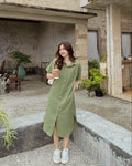 Casual Olive Green Button-Front Midi Dress