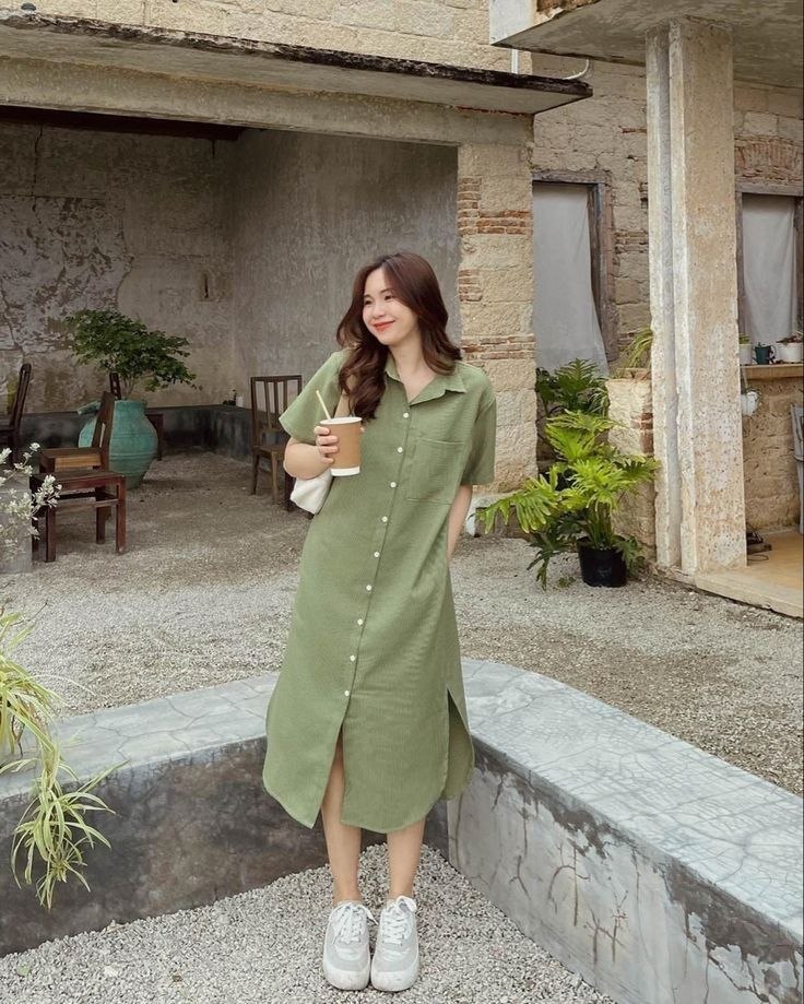 Casual Olive Green Button-Front Midi Dress