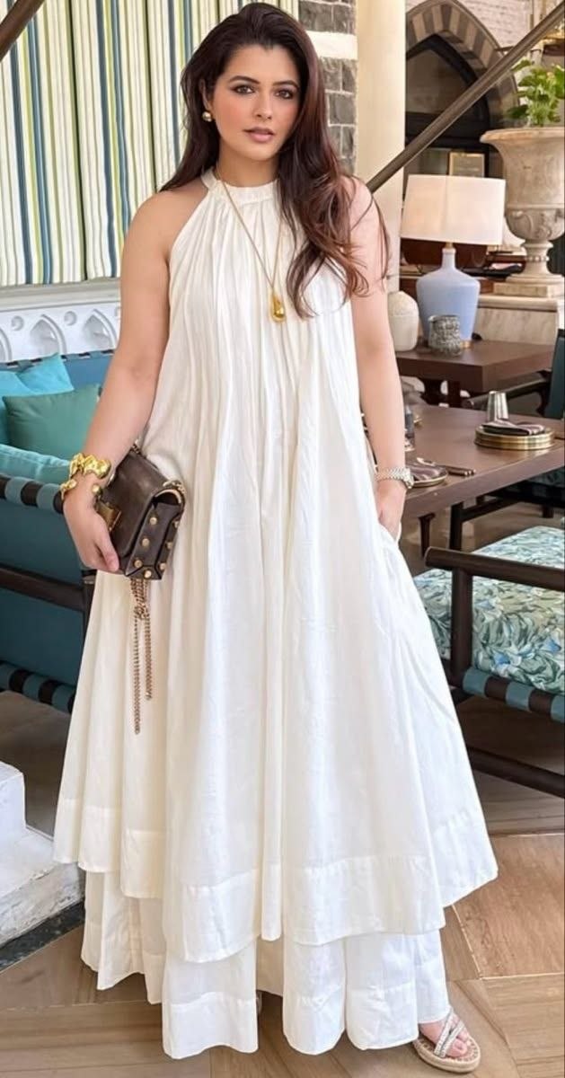 Contemporary Ivory High-Neck Gathered Fusion Set with Layered Wide-Leg Trousers
